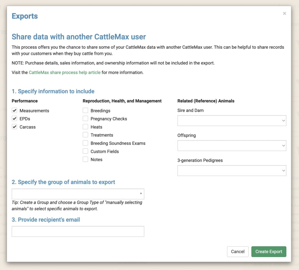 Screenshot of exporting CattleMax records