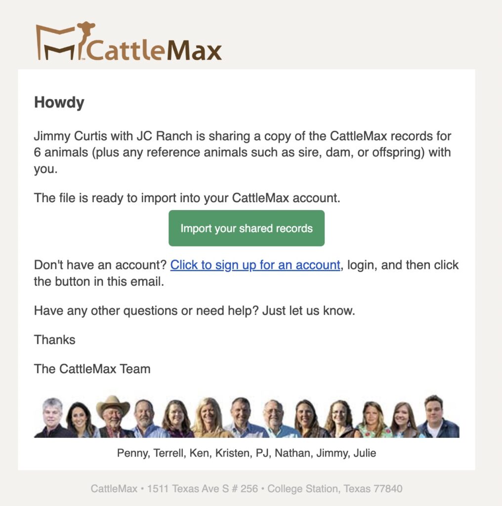 Screenshot of Share CattleMax records with your customers